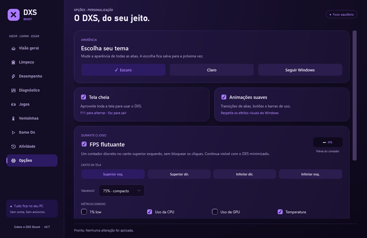 Aba Opções do DXS Boost.
